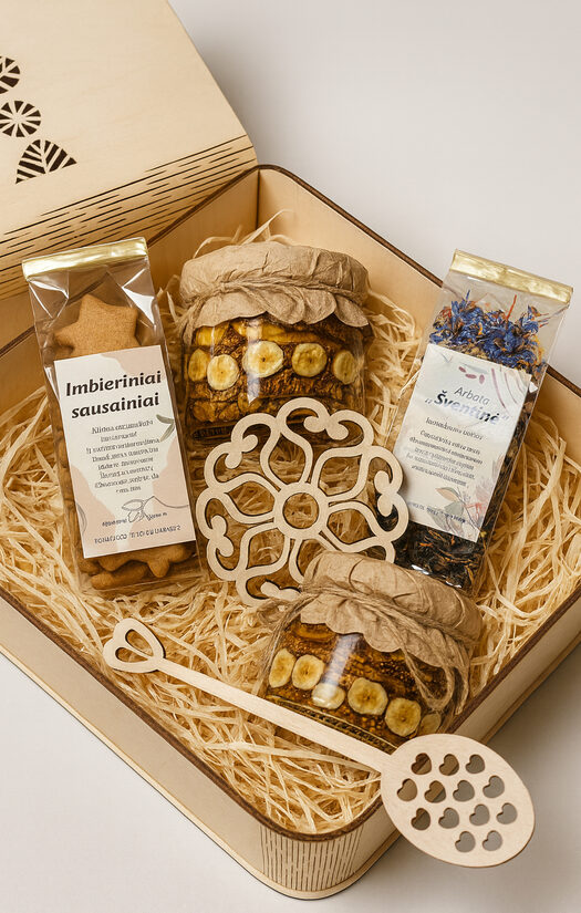 Dovanų rinkinys medinėje dėžutėje